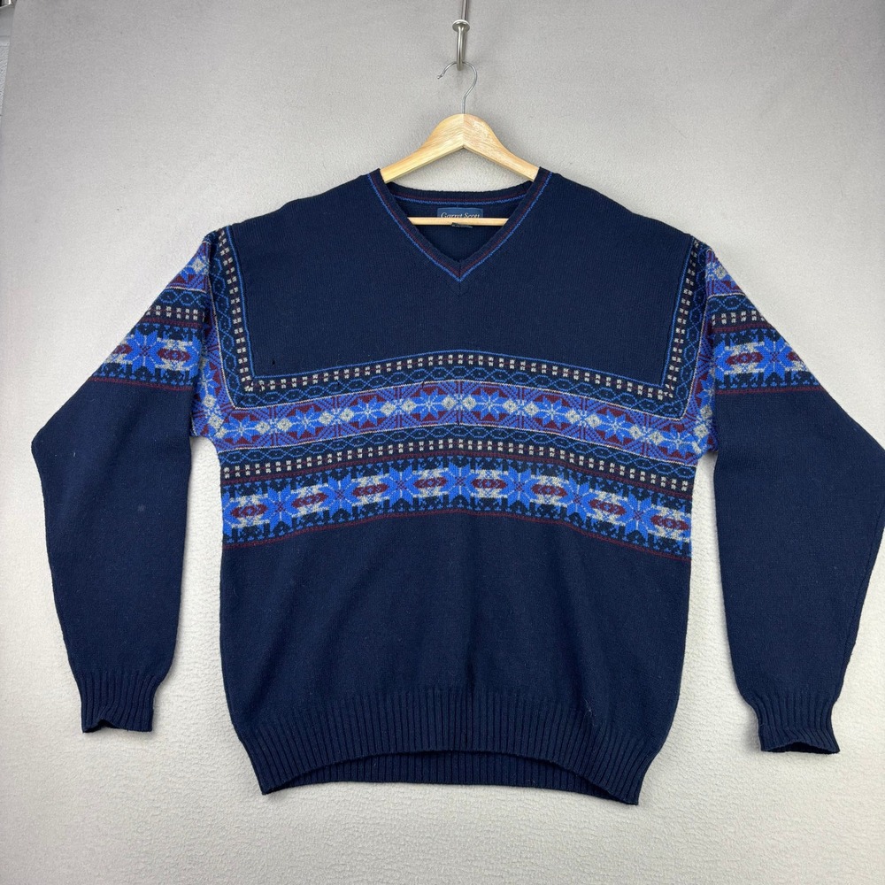 VTG Garret Scott Lambswool Sweater Mens L Blue Fair Isle V-Neck Long Sleeve Knit